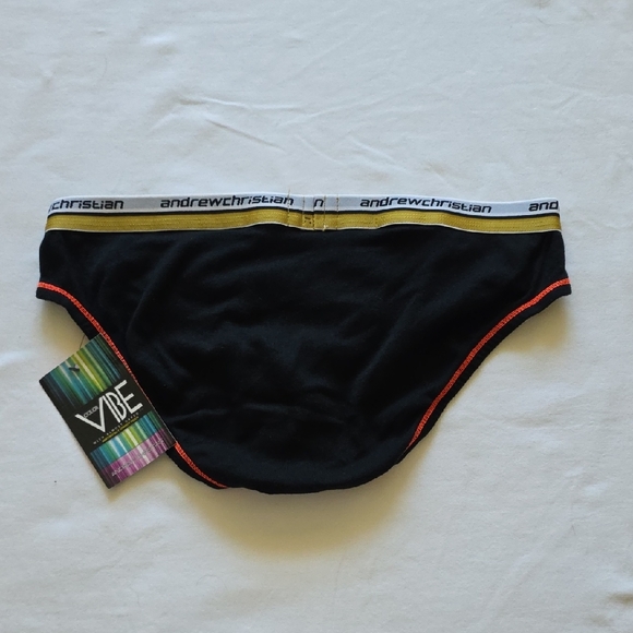 Andrew Christian Black Briefs with Gold and Red Accents - Picture 2 of 3